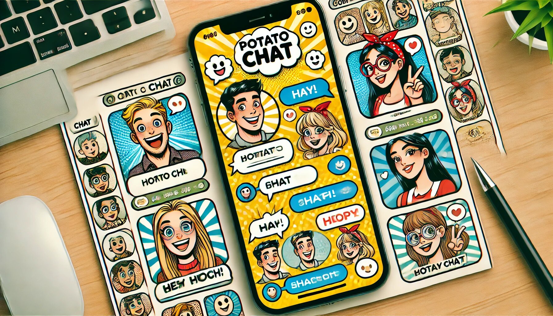 DALL·E 2025-03-03 17.50.57 - A comic-style illustration of a fun and friendly chat interface of a social media app named PotatoChat. The screen should display chat bubbles, smiley_proc.jpg