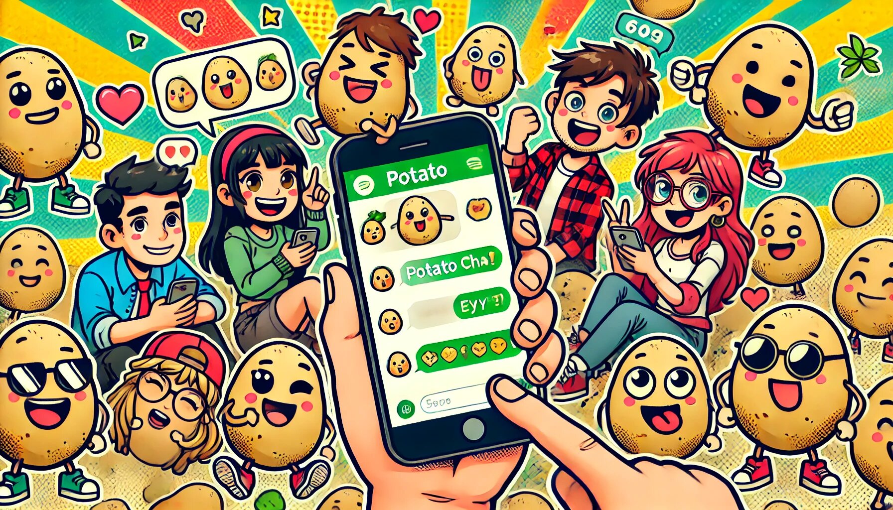 DALL·E 2025-03-03 17.51.00 - A comic-style illustration of a group of friends using the PotatoChat app on their phones. The characters are cartoonish, having fun and interacting w_proc.jpg