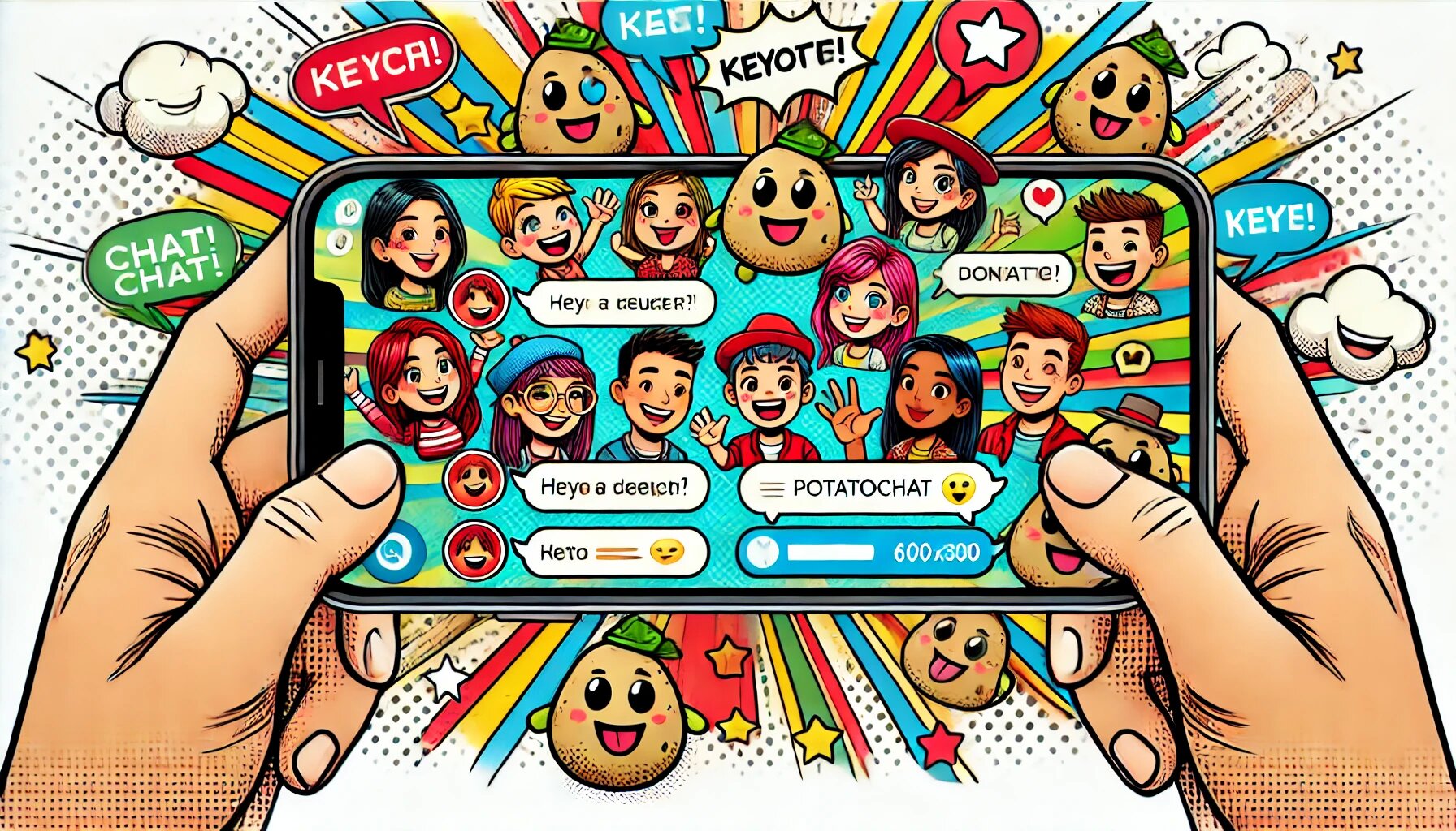 DALL·E 2025-03-04 18.00.35 - A comic-style illustration of a fun and friendly chat interface of the social media app PotatoChat. The screen should display chat bubbles, smiley fac_proc.jpg