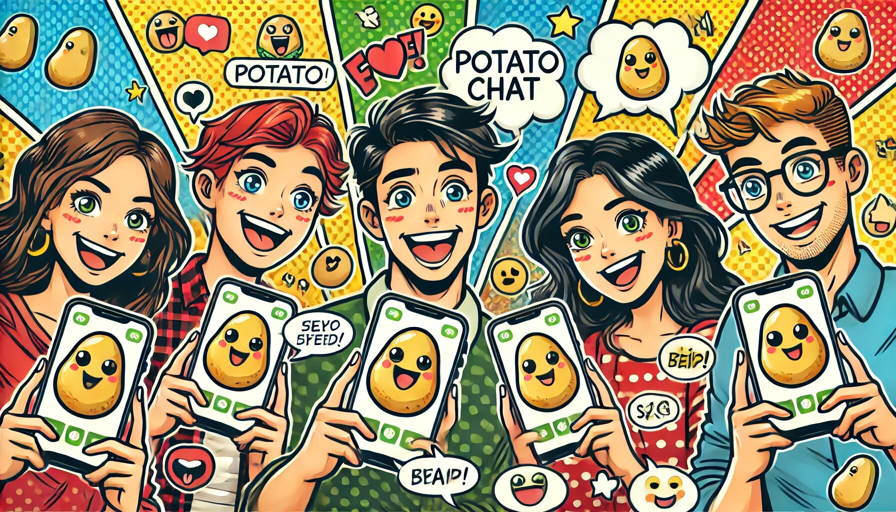 DALL·E 2025-03-04 18.00.38 - A comic-style illustration of a group of friends using the PotatoChat app on their phones. The characters are cartoonish, having fun and interacting w_proc.jpg